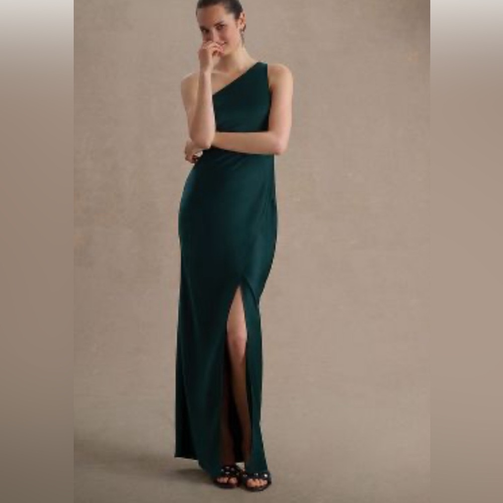 Anthropologie BHLDN DYLAN ONE-SHOULDER SATIN SIDE-SLIT GOWN size 4 dark emerald